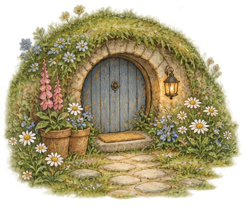 A flower-covered blue door to the burrow