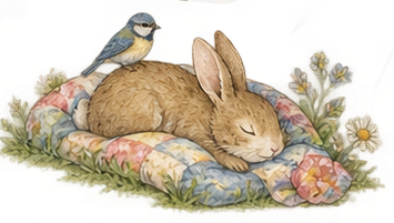 A sleeping bunny on a quilt